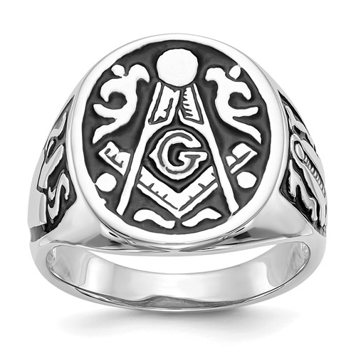 IB Goodman 14K White Gold Mens Polished and Grooved Ring with Black Enamel Masonic