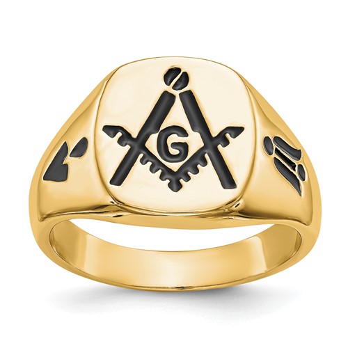 IB Goodman 14K Yellow Gold Mens Polished and Grooved Ring with Black Enamel Masonic