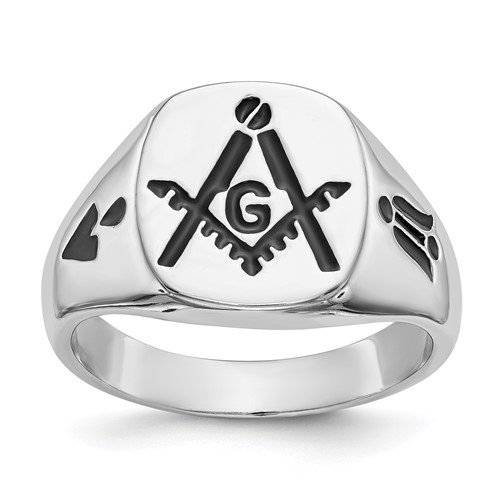 IB Goodman 14K White Gold Mens Polished and Grooved Ring with Black Enamel Masonic