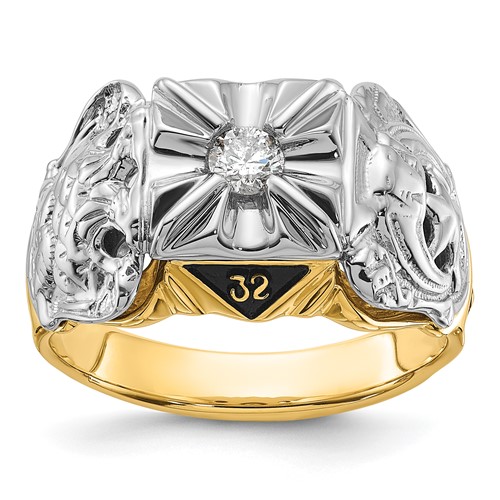 IB Goodman 14K Two-tone Mens Polished and Textured Ring with Black Enamel and VS Quality Diamond Masonic