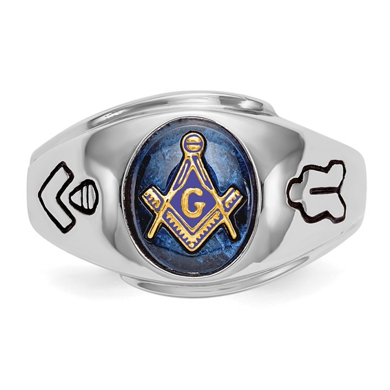 IB Goodman 14k White Gold Mens Polished/Antiqued and Grooved with Imitation Blue Spinel Masonic Ring