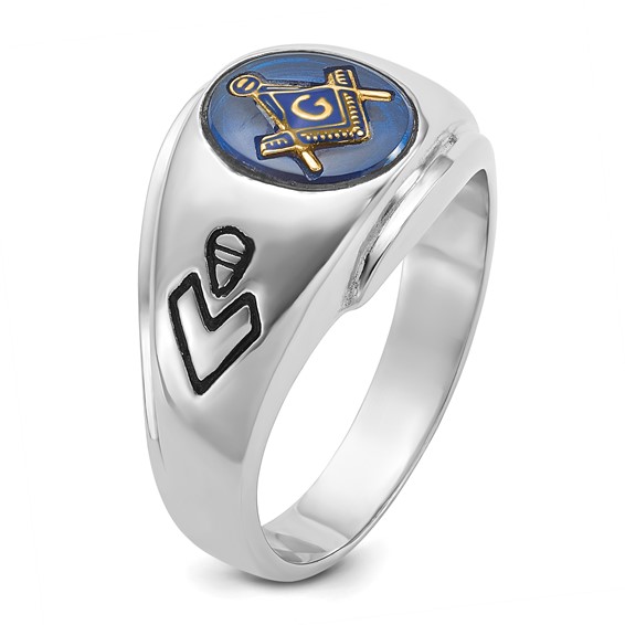 IB Goodman 14k White Gold Mens Polished/Antiqued and Grooved with Imitation Blue Spinel Masonic Ring