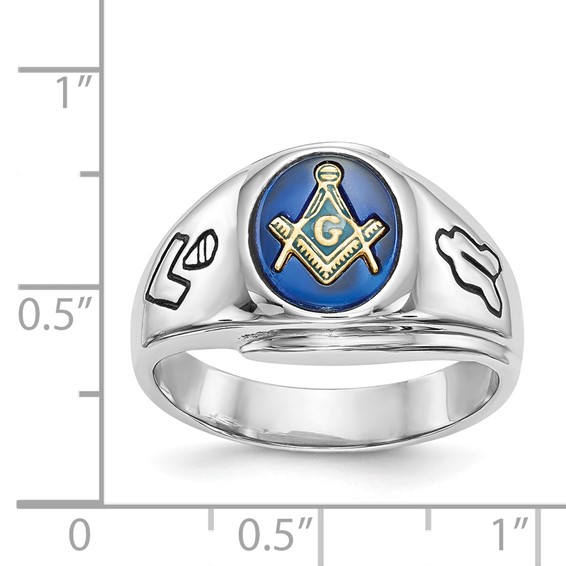 IB Goodman 14k White Gold Mens Polished/Antiqued and Grooved with Imitation Blue Spinel Masonic Ring