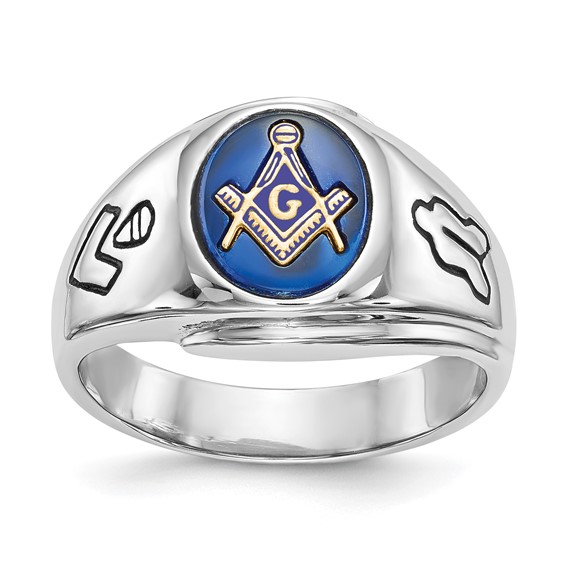 IB Goodman 14k White Gold Mens Polished/Antiqued and Grooved with Imitation Blue Spinel Masonic Ring