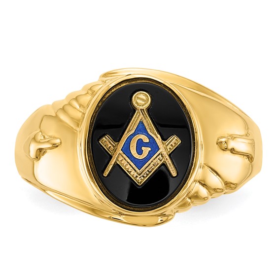 IB Goodman 14k Mens Polished and Textured with Oval Onyx Masonic Ring