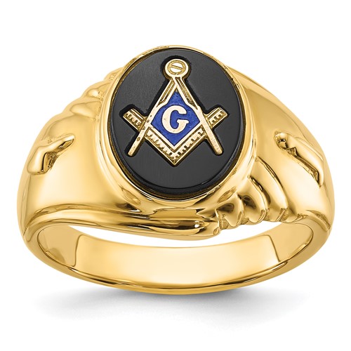 IB Goodman 14K Yellow Gold Mens Polished and Textured Ring with Oval Onyx Masonic