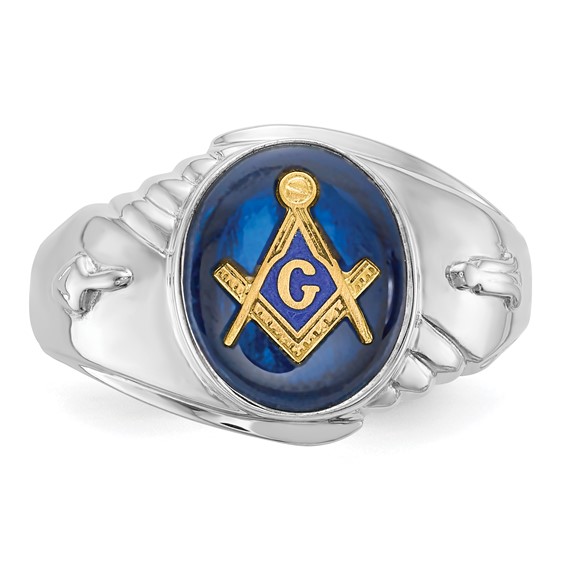 IB Goodman 14k White Gold Mens Polished and Textured with Imitation Blue Spinel Masonic Ring