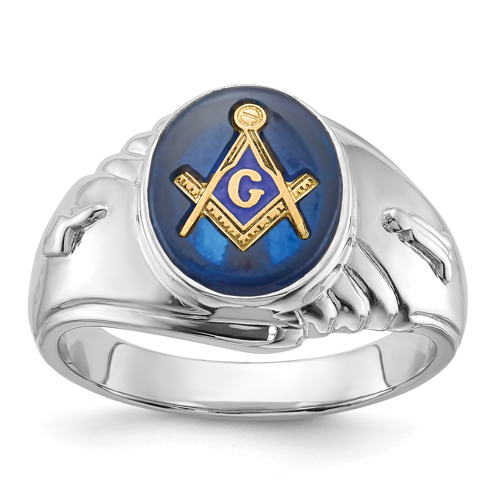 14k White Gold Men's Polished and Textured with Imitation Blue Spinel Masonic Ring (Y4063M)