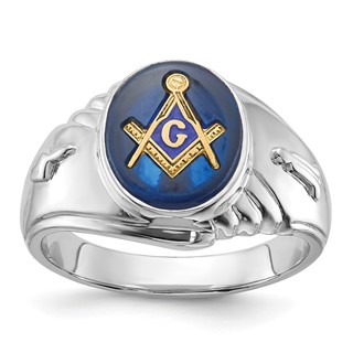 IB Goodman 14k White Gold Mens Polished and Textured with Imitation Blue Spinel Masonic Ring