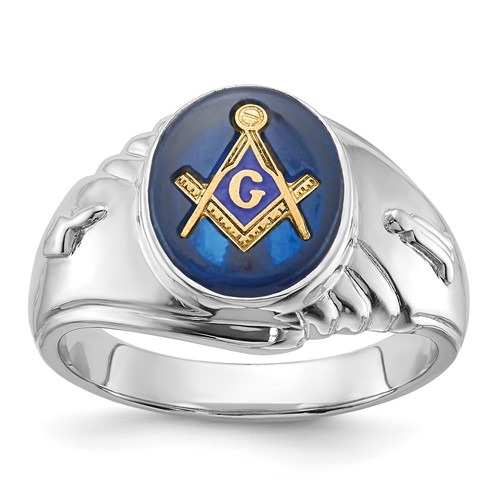 IB Goodman 14K White Gold Mens Polished and Textured Ring with Imitation Blue Spinel Masonic