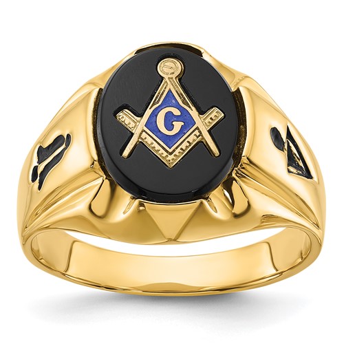 IB Goodman 14K Yellow Gold Mens Polished and Antiqued Grooved Ring with Oval Onyx Masonic