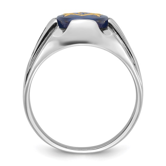IB Goodman 14k White Gold Mens Polished/Antiqued and Grooved with Imitation Blue Spinel Masonic Ring
