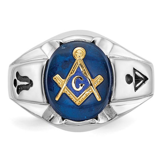 IB Goodman 14k White Gold Mens Polished/Antiqued and Grooved with Imitation Blue Spinel Masonic Ring
