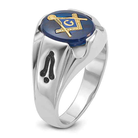 IB Goodman 14k White Gold Mens Polished/Antiqued and Grooved with Imitation Blue Spinel Masonic Ring