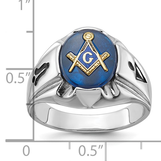 IB Goodman 14k White Gold Mens Polished/Antiqued and Grooved with Imitation Blue Spinel Masonic Ring
