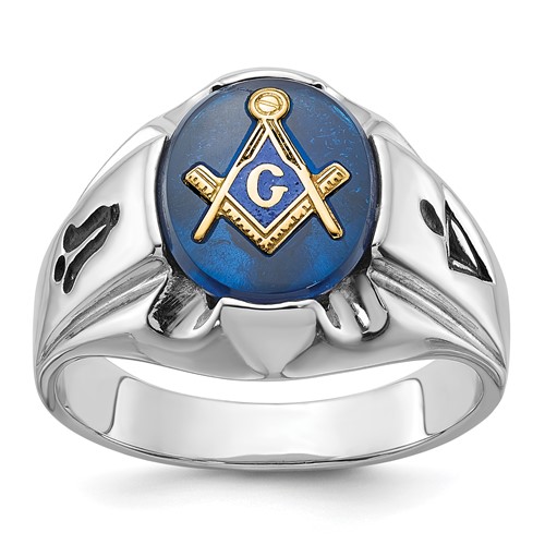 IB Goodman 14K White Gold Mens Polished Antiqued and Grooved Ring with Imitation Blue Spinel Masonic