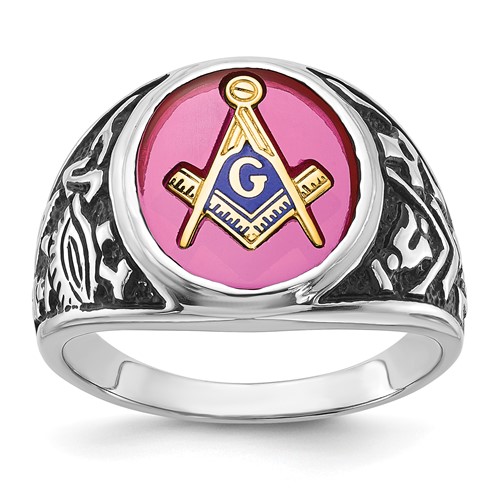 IB Goodman 14K White Gold Mens Polished Antiqued and Textured Ring with Lab Created Ruby Masonic