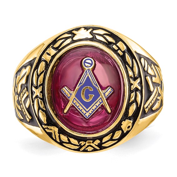 IB Goodman 14k Mens Polished Antiqued and Textured with Lab Created Ruby Masonic Ring