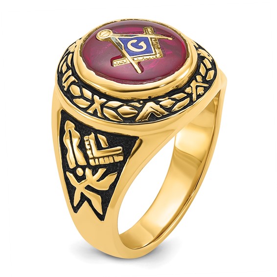IB Goodman 14k Mens Polished Antiqued and Textured with Lab Created Ruby Masonic Ring