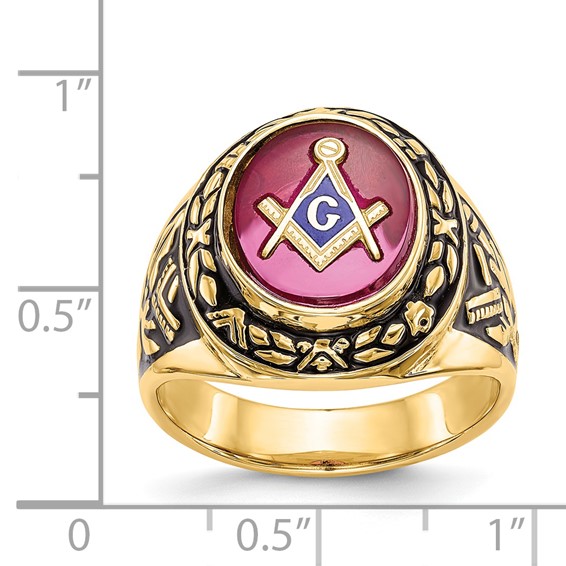 IB Goodman 14k Mens Polished Antiqued and Textured with Lab Created Ruby Masonic Ring