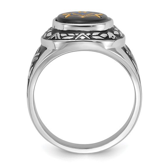 IB Goodman 14k White Gold Mens Polished/Antiqued and Textured with Oval Onyx Masonic Ring