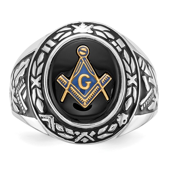 IB Goodman 14k White Gold Mens Polished/Antiqued and Textured with Oval Onyx Masonic Ring