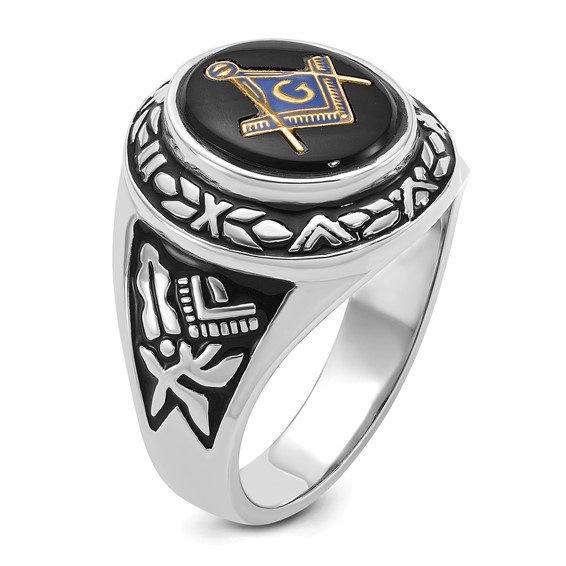 IB Goodman 14k White Gold Mens Polished/Antiqued and Textured with Oval Onyx Masonic Ring