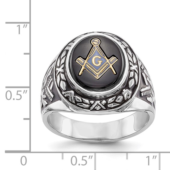 IB Goodman 14k White Gold Mens Polished/Antiqued and Textured with Oval Onyx Masonic Ring