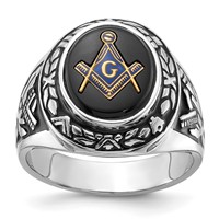 IB Goodman 14K White Gold Mens Polished Antiqued and Textured Ring with Oval Onyx Masonic view 1
