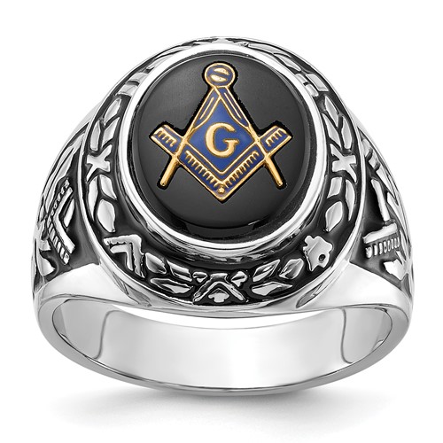 IB Goodman 14K White Gold Mens Polished Antiqued and Textured Ring with Oval Onyx Masonic
