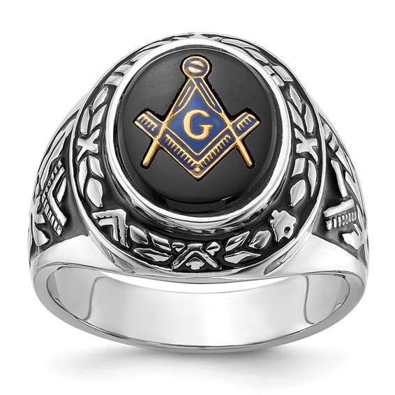 IB Goodman 14k White Gold Mens Polished/Antiqued and Textured with Oval Onyx Masonic Ring