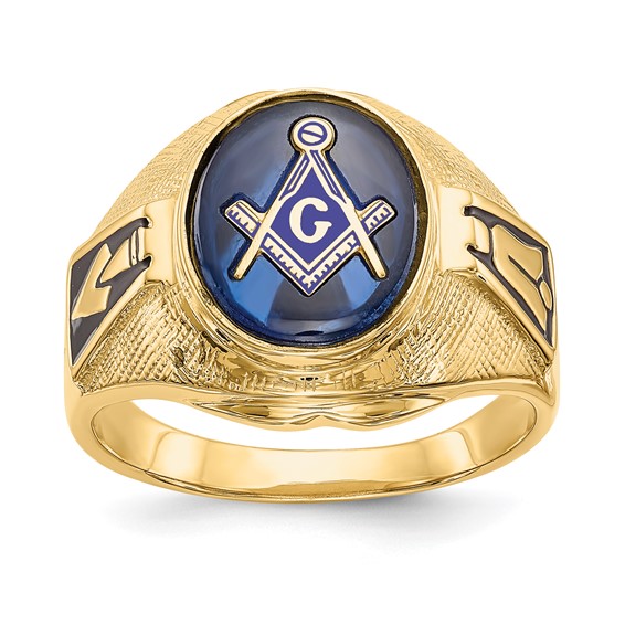 IB Goodman 14k Mens Polished Antiqued and Textured with Synthetic Blue Spinel Masonic Ring