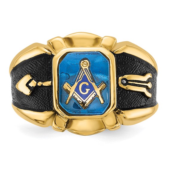IB Goodman 14k Mens Polished/Antiqued and Textured Imitation Blue Spinel Masonic Ring