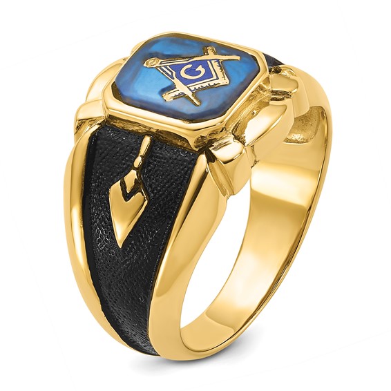 IB Goodman 14k Mens Polished/Antiqued and Textured Imitation Blue Spinel Masonic Ring