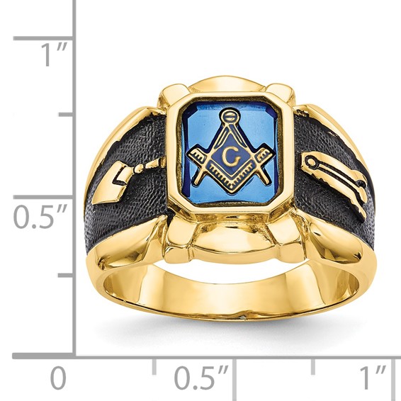 IB Goodman 14k Mens Polished/Antiqued and Textured Imitation Blue Spinel Masonic Ring