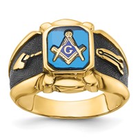 IB Goodman 14K Yellow Gold Mens Polished Antiqued and Textured Imitation Blue Spinel Masonic Ring view 1