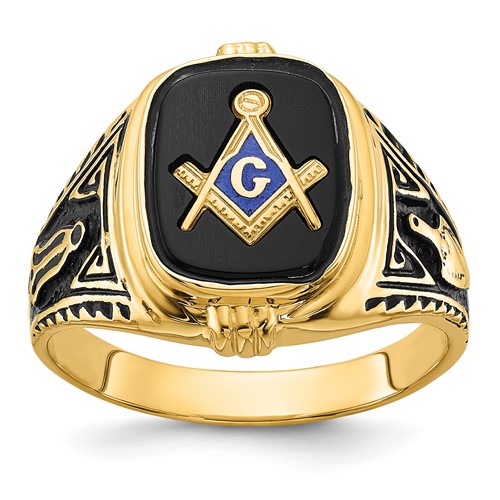IB Goodman 14K Yellow Gold Mens Polished Antiqued and Textured Ring with Onyx Masonic
