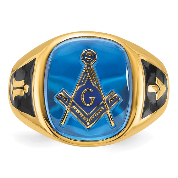 IB Goodman 14k Mens Polished and Textured with Black Enamel and Imitation Blue Spinel Masonic Ring