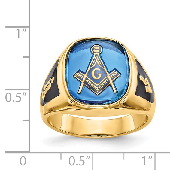 IB Goodman 14k Mens Polished and Textured with Black Enamel and Imitation Blue Spinel Masonic Ring