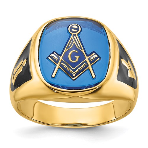 IB Goodman 14K Yellow Gold Mens Polished and Textured Ring with Black Enamel and Imitation Blue Spinel Masonic