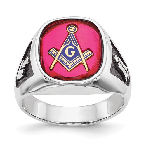 IB Goodman 14K White Gold Mens Polished and Textured Ring with Black Enamel and Lab Created Ruby Masonic