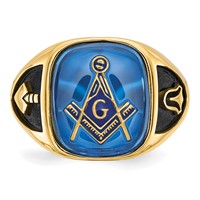 14K White Gold Men's Polished, Antiqued and Textured Ring with Imitation Blue Spinel Masonic view 4