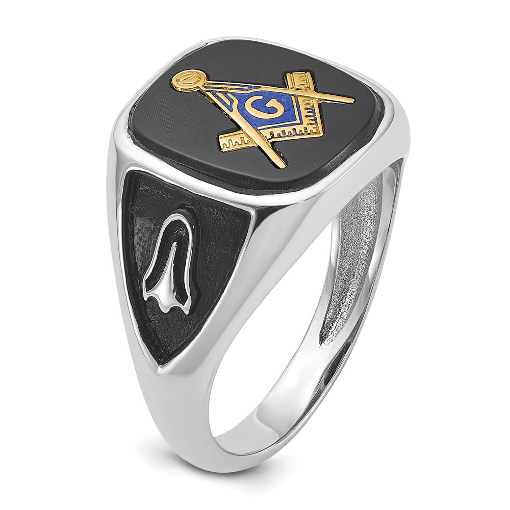 14k White Gold and Gold-plated Polished and Textured with Black Enamel and Onyx Masonic Ring (Y4085M)