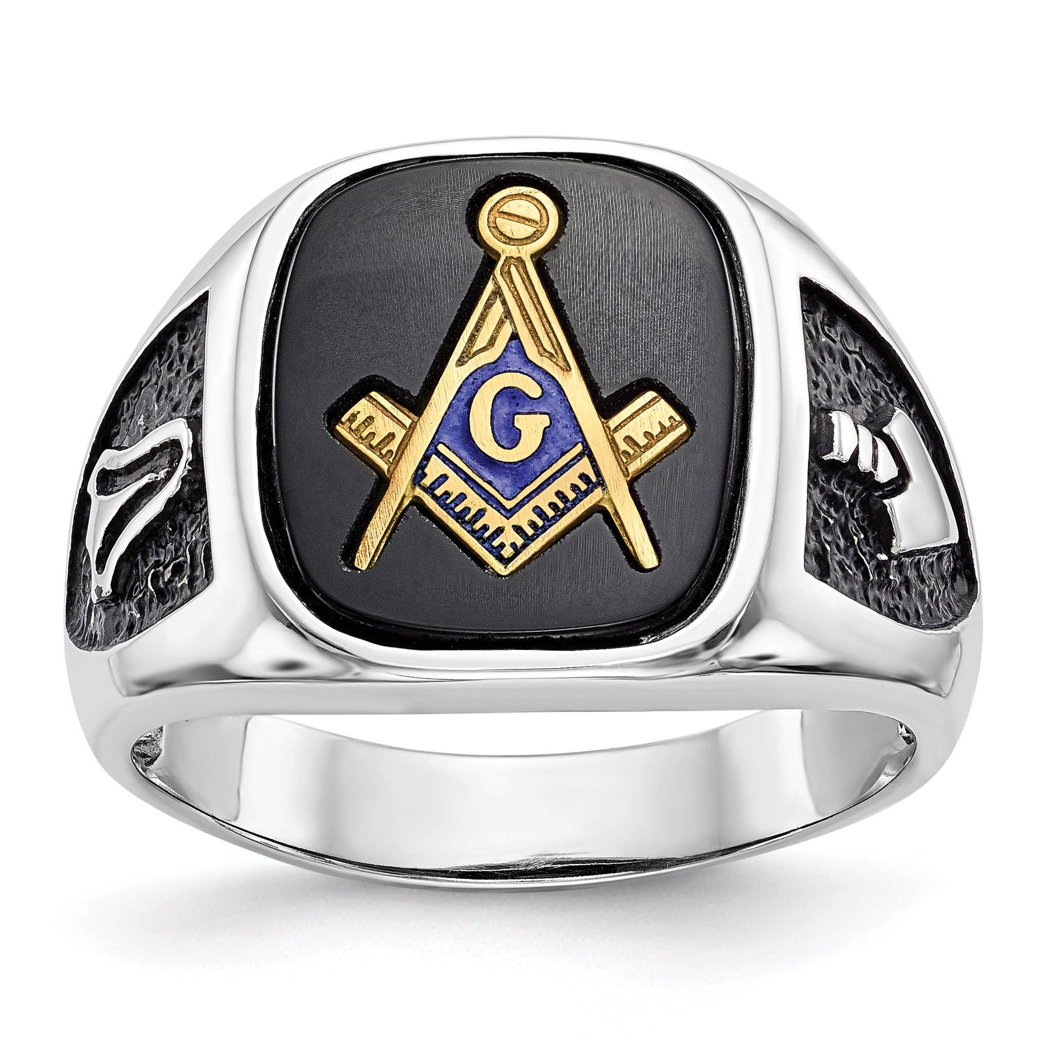 14k White Gold and Gold-plated Polished and Textured with Black Enamel and Onyx Masonic Ring (Y4085M)