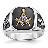 IB Goodman 14K White Gold and Gold-plated Polished and Textured Ring with Black Enamel and Onyx Masonic view 1