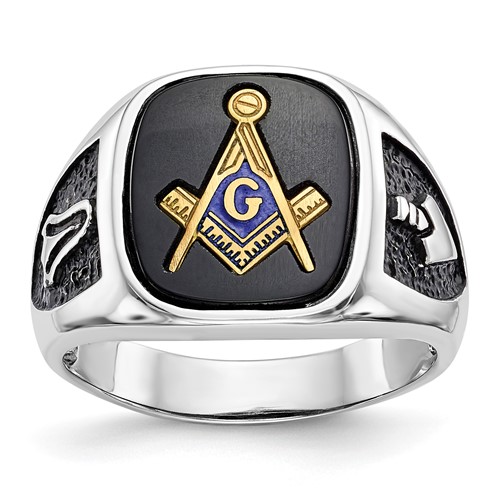 IB Goodman 14K White Gold and Gold-plated Polished and Textured Ring with Black Enamel and Onyx Masonic