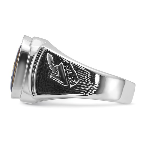 IB Goodman 14k White Gold Polished and Textured with Black Enamel and Imitation Blue Spinel Masonic Ring