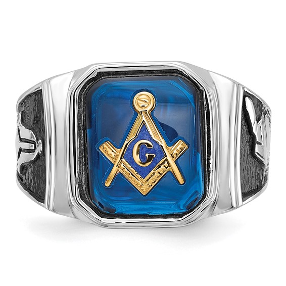 IB Goodman 14k White Gold Polished and Textured with Black Enamel and Imitation Blue Spinel Masonic Ring
