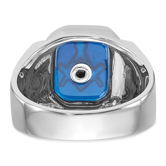 IB Goodman 14k White Gold Polished and Textured with Black Enamel and Imitation Blue Spinel Masonic Ring