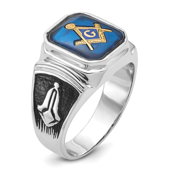 IB Goodman 14k White Gold Polished and Textured with Black Enamel and Imitation Blue Spinel Masonic Ring